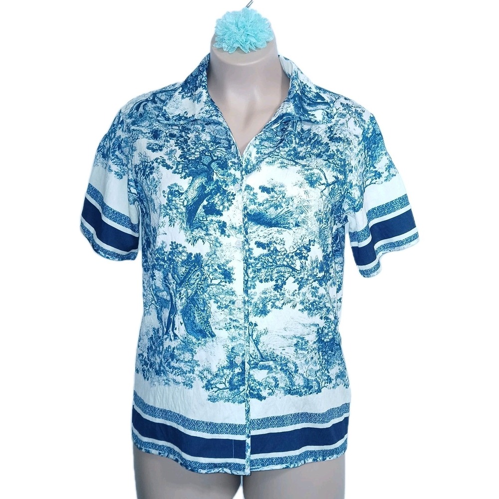 Commense Toile Print Cotton Blend Women Shirt Top Small Blue Border Nature Tree